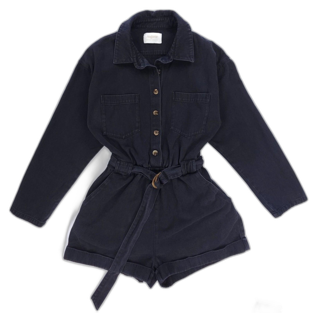 AUGUSTE THE LABEL Canyon Boyfriend Romper Black Denim 70s Boho Western Workwear